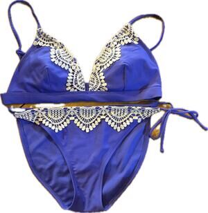 Xhilaration Bikini Set Womens L Blue Crochet Lace Trim Triangle Tie Side